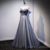 Blue and Grey Tulle Long Sweetheart  Party Dress, Tulle A-line Formal Dress
